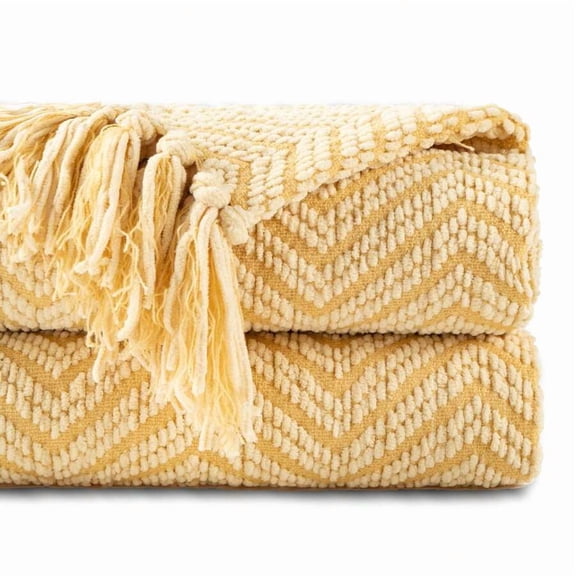 Gold Knitted Chevron Throw Blanket With Tassels For Sofa Bed Home Decor