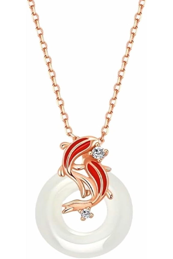 Gold Koi Fish Necklace Jade Nceklace for Women,Lucky Goldfish Jade Pendant Choker Chain Necklace for Her,Koi Jade Crystal Good Luck Necklace