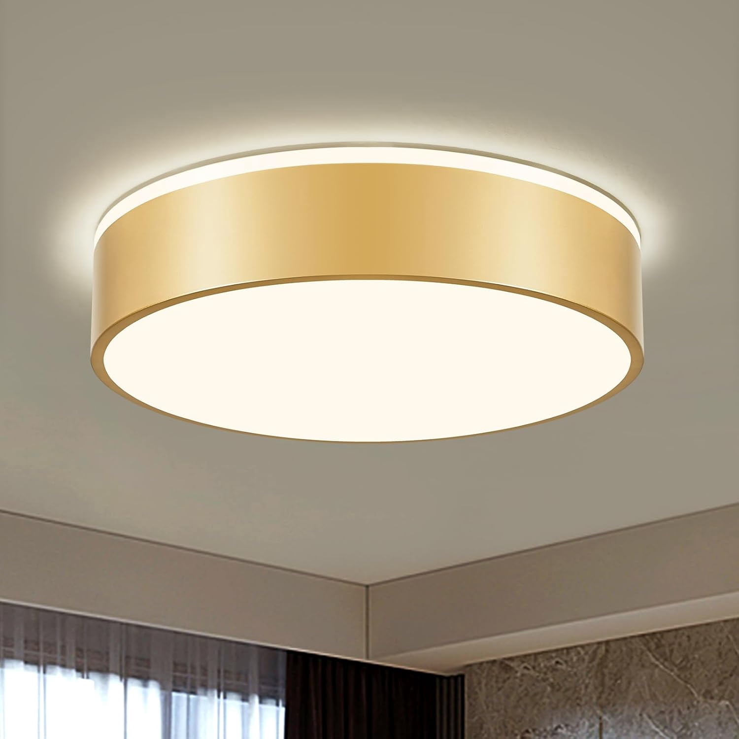 Gold LED Ceiling Light, 2700K-6000K 5CCT in One Modern Flush Mount Ceiling Light Fixtures, Minimalist Round Metal Ceiling Lamp for Bedroom Kitchen Living Room-15.7in