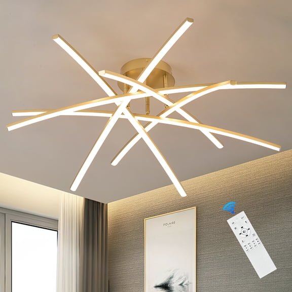 Gold LED Chandelier Semi Flush Mount Ceiling Light, 65W Remote Control Ceiling Lighting Fixture for Living Room Dining Room Kitchen Bedroom 32.8 Close to Ceiling Light Dimmable 3000K-6000K
