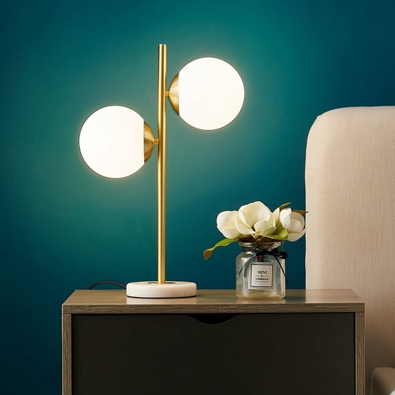 Gold LED Globe Table Lamp with Marble Base & White Glass Shades