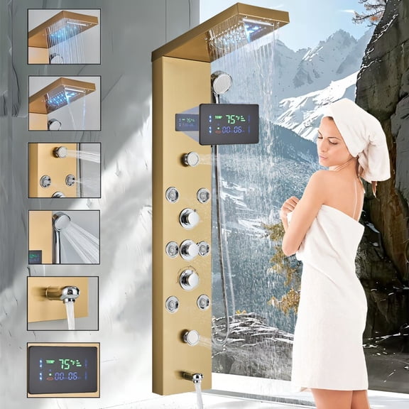 Gold LED Shower Panel Tower System Rain&Waterfall Massage Jet Sprayer Faucet Set For Daily Life