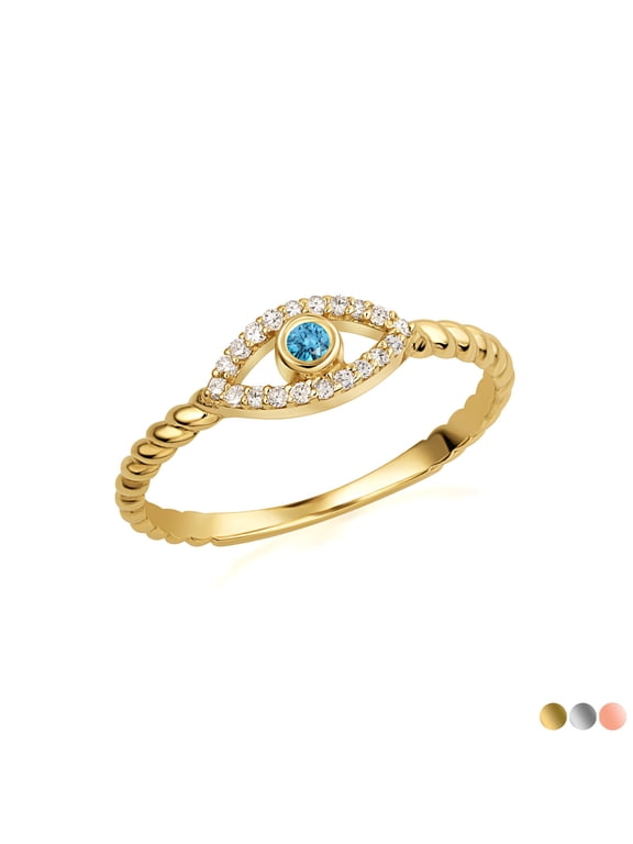Gold Lab Grown Blue Diamond Roped Evil Eye Ring (10K Yellow Gold,Size 5)