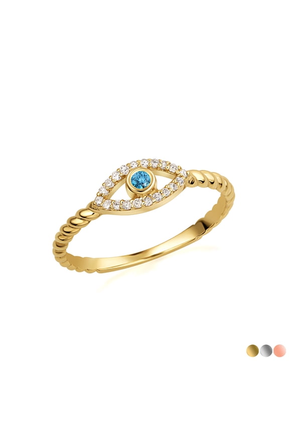 Gold Lab Grown Blue Diamond Roped Evil Eye Ring (14K Yellow Gold,Size 9.5)