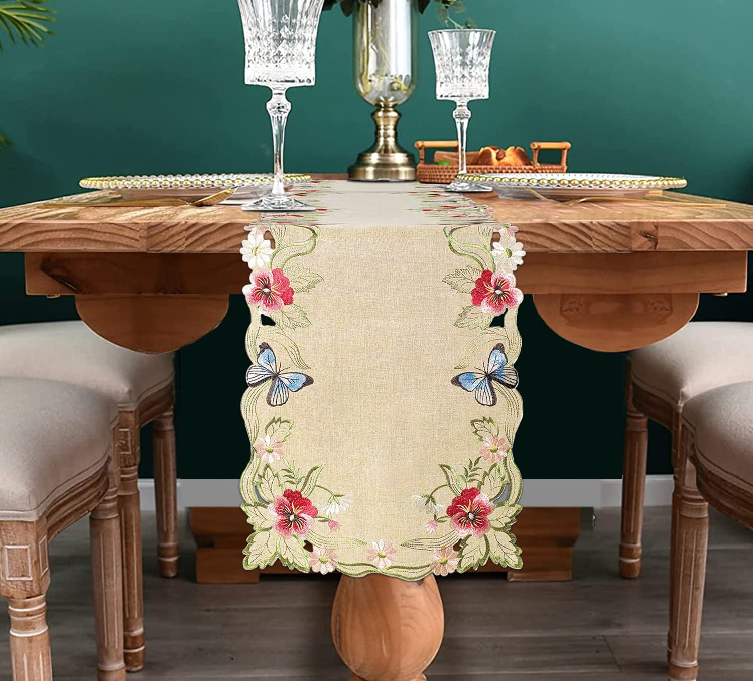 Gold Lace Beige Table Runner Linen Dresser Scarf European Embroidery