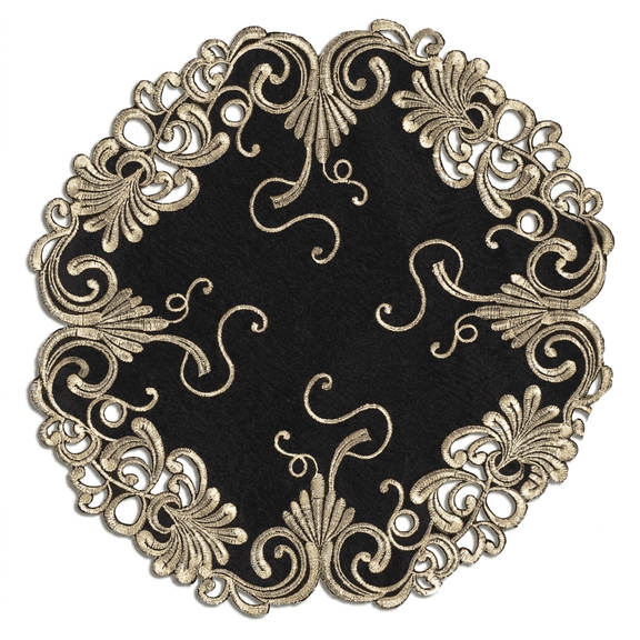 Gold Lace Black Doilies Set of 4 - Round Placemats European Embroidery for Fall Autumn Thanksgiving Season Dining Table Home Decor Wedding - 15 inches - The Chantelle Collection