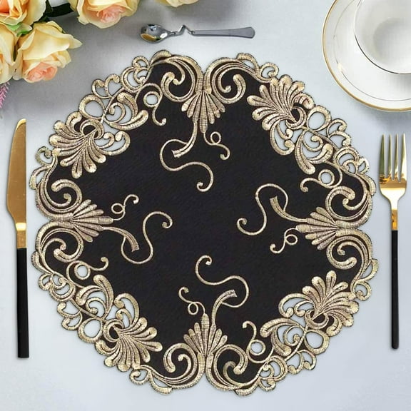 Gold Lace Black Doilies Set of 8 - Round Placemats European Embroidery for Fall Autumn Thanksgiving Season Dining Table Home Decor Wedding - 15 inches - The Chantelle Collection
