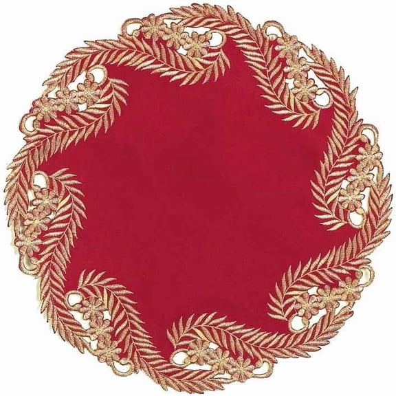 Gold Lace Burgundy Doilies Set of 12 - Round Placemats European Embroidery for Fall Autumn Thanksgiving Season Dining Table Home Decor Wedding - 15 inches - The Anyce Collection