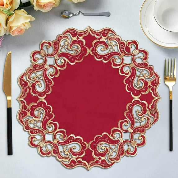 Gold Lace Burgundy Doilies Set of 4 - Round Placemats European Embroidery for Fall Autumn Thanksgiving Season Dining Table Home Decor Wedding - 15 inches - The Granada Collection