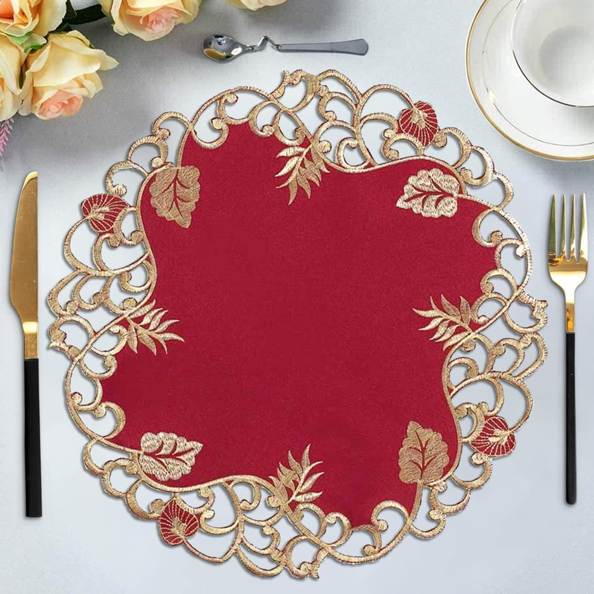 Gold Lace Burgundy Doilies Set of 8 Round Placemats European