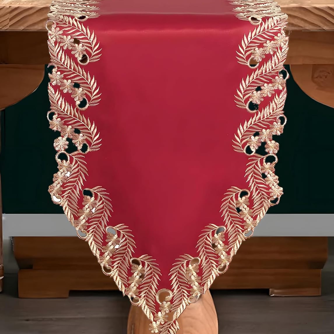 green emerald velvet dress Vintage Hand Embroidered Table Runner Dresser Scarf Floral Leaves Crochet  Edging 14 x 39 main image 0