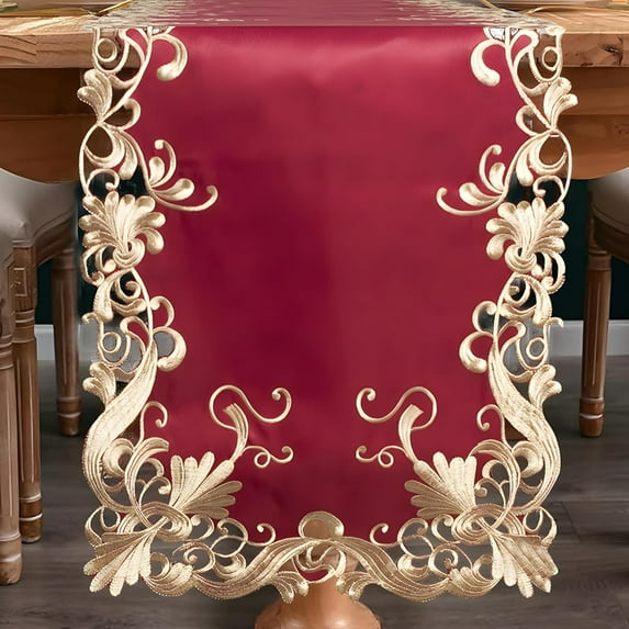 Gold Lace Burgundy Table Runner - Dresser Scarf European Embroidery - Perfect for Kitchen Dining Room Home Decor Wedding Receptions - 14 x 108 inches - The Chantelle Collection