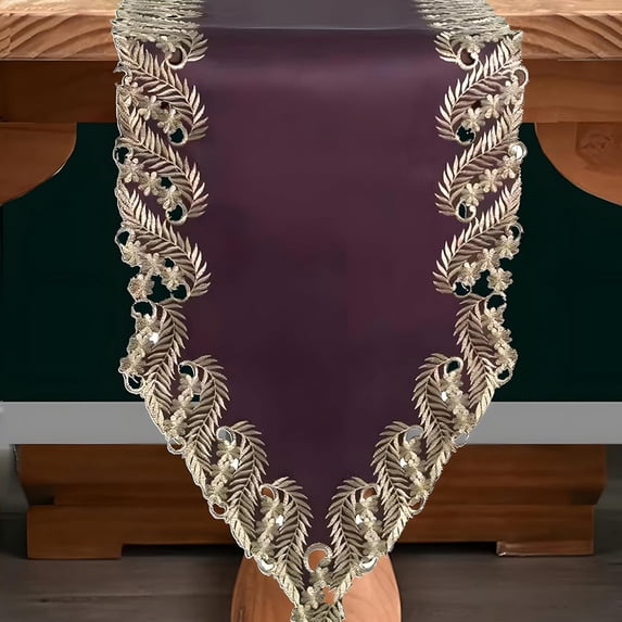 Gold Lace Plum Table Runner - Dresser Scarf European Embroidery - Perfect for Fall Autumn Thanksgiving Kitchen Dining Room Home Decor Wedding Receptions - 14 x 108 inches - The Anyce Collection