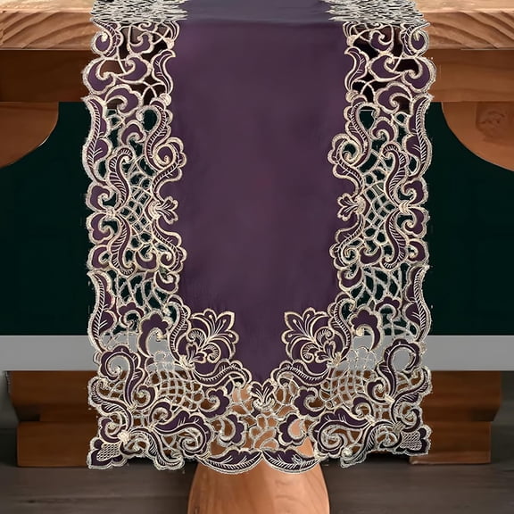 Gold Lace Plum Table Runner - Dresser Scarf European Embroidery - Perfect for Kitchen Dining Room Home Decor Wedding Receptions - 14 x 108 inches - The Granada Collection
