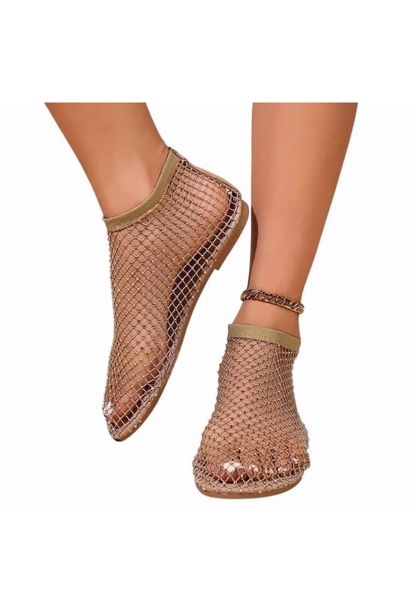 Gold Ladies Breathable Crystal Rhinestone Mesh Balletcore Flats Fishnet Ankle On Sparkly Sandals For Party