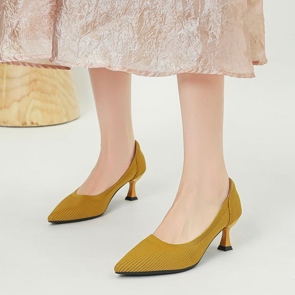 Gold Ladies Casual Heels Featuring Knitted Pointed Toe And Straight Grain Detail Shallow Mouth For Ankle Care And Style