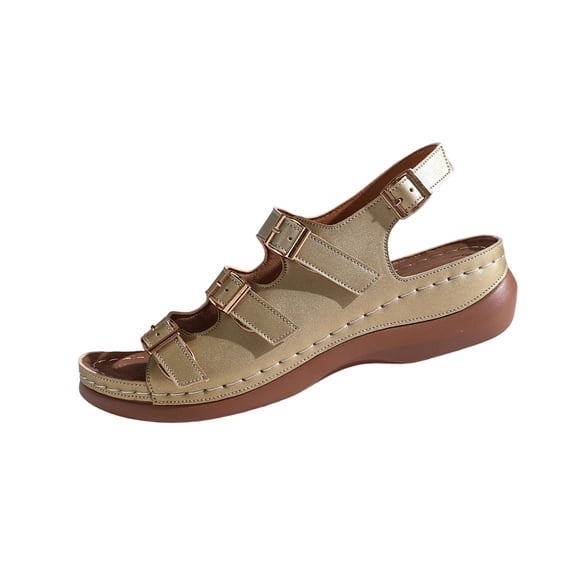 Gold Ladies Casual Wedge Heel Footwear Featuring A Soft Sole And Strappy Upper For Comfort