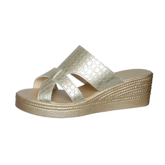 Gold Ladies Everyday Slides Featuring Textured Straps Patterned Design Wedge Heel Accommodates Extended Sizes In Gilded Hue Trendy Warm Season Wardrobe