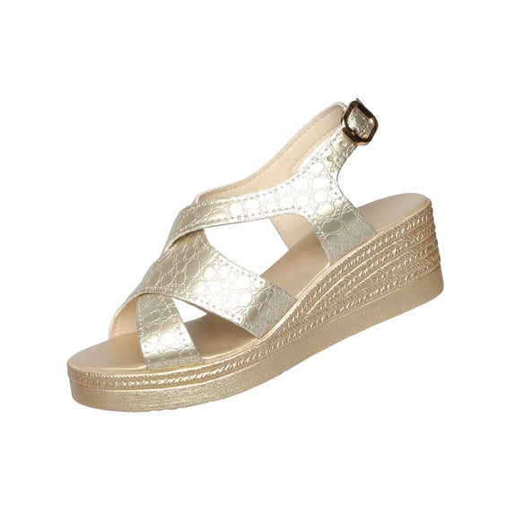Gold Ladies Peep Toe Sandals Featuring Wedge Heel And Platform Sole Design Comfortable For Leisure