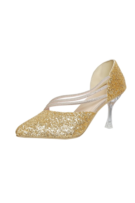 Gold Ladies Rhinestone High Heel Pumps Pointed Toe Wedding Fall Winter Comfortable Elegant Party Shoes