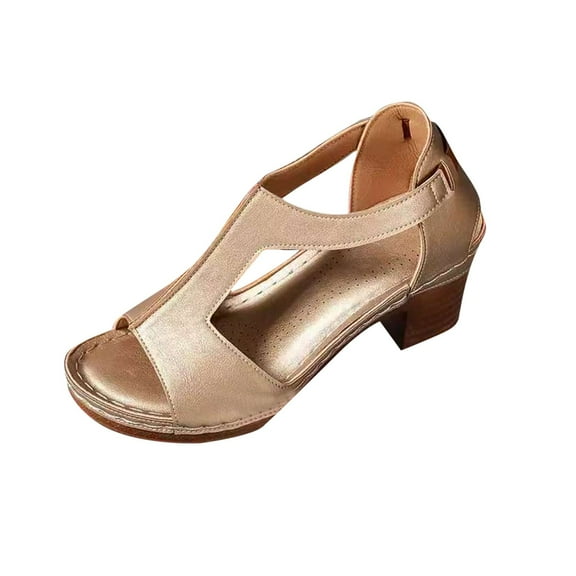 Gold Ladies Straightforward Summer Open Toe High Heel Thick Sole Footwear For Comfort And Fashion