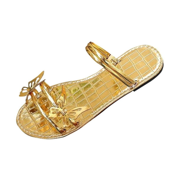 Gold Ladies Stylish Leisure All-Match Rhinestone Design Comfort Flat-Soled Beach Sandals For Spring Summer Beach Use