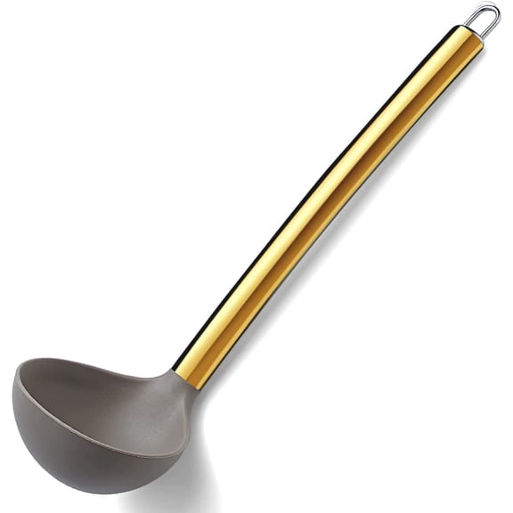 Gold Ladle, Non-stick Silicone Kitchen Ladle With Titainium Gold Plating handle, Soup Ladle, Cooking Ladle Soup Spoon For Cooking, Dishwasher Safe, Easy to Clean