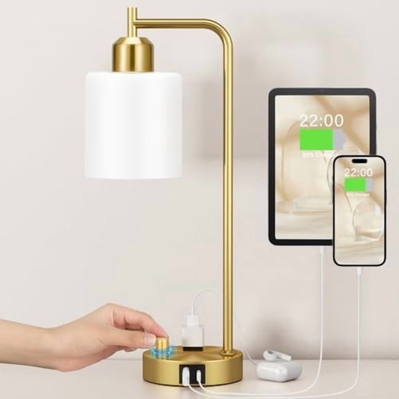 Gold Lamp for Bedroom - Industrial Bedside Table Lamp with USB Port and Outlet, Fully Dimmable Nightstand Lamp with Opal Glass Shade, Small Desk Lamps for Home Office