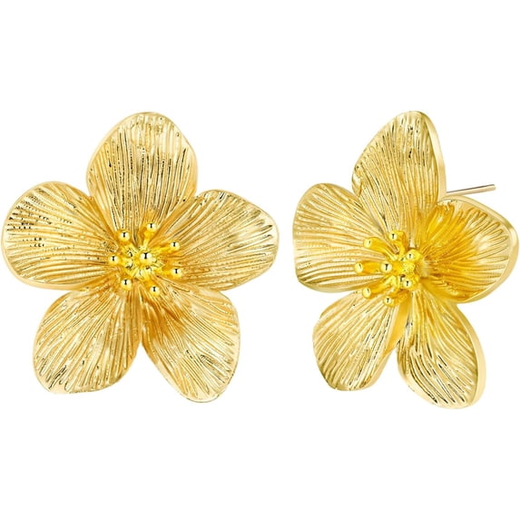 Gold Large Chunky Flower Statement Earrings for Women, Summer Beach Floral Handmade Drop Jewelry, Maximalist Wedding Date Birthday Gift, Bold Exaggerated Textured Dangle Trendy Ribbed Jewelry