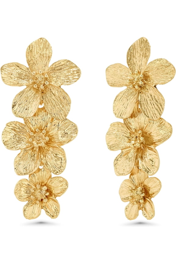 Gold Large Chunky Flower Statement Earrings for Women, Summer Beach Floral Handmade Drop Jewelry, Maximalist Wedding Date Birthday Gift, Bold Exaggerated Textured Dangle Trendy Ribbed Jewelry