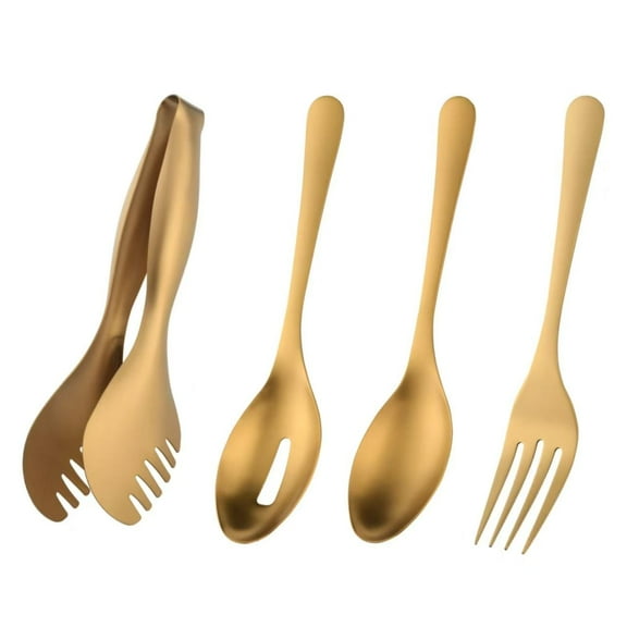 Gold Large Serving Utensils Sets of 4 Stainless Steel 10" Serving Spoons Slotted Spoon Fork Set Cooking Tongs for Buffet Catering Banquet Matte Finish & Dishwasher Safe
