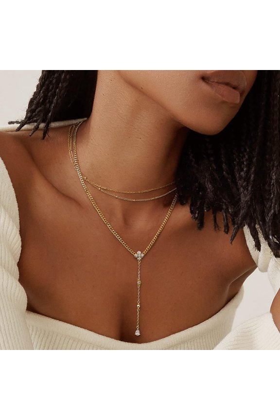 Gold Lariat Necklace For Women, Dainty 14K Gold Plated Y Shaped Cuban Chain Layered Long Cz Drop Pendant Choker Necklaces Fashion Jewelry Gifts[o1491]
