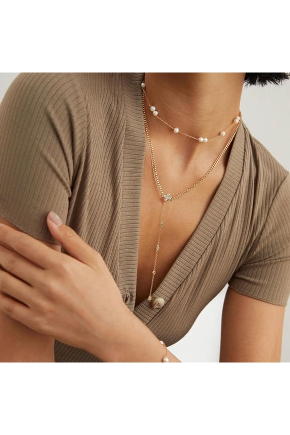 Gold Lariat Necklace For Women, Dainty 14K Gold Plated Y Shaped Cuban Chain Layered Long Cz Drop Pendant Choker Necklaces Fashion Jewelry Gifts[o1492]