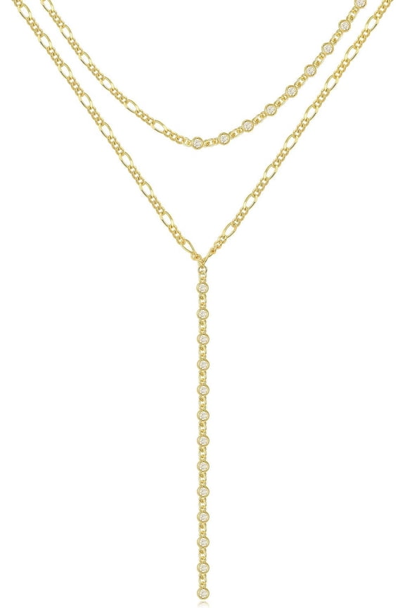 Gold Lariat Necklace for Women, Dainty 14K Gold Plated Y Shaped Cuban Chain Layered Long CZ Drop Pendant Choker Necklaces Fashion Jewelry Gifts