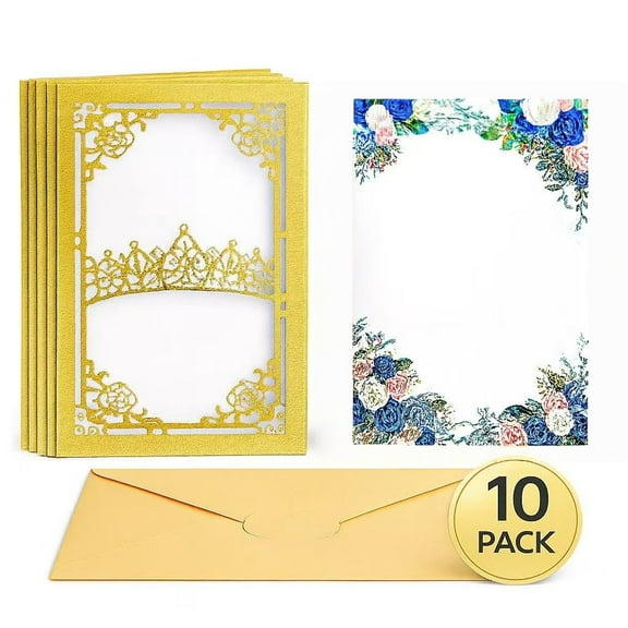 Gold Laser Cut Wedding Invitations with Envelopes, Princess Crown Floral Design, Elegant Glitter Card for Bridal Shower, Engagement, Quinceaera, Birthday Party 10 Pack