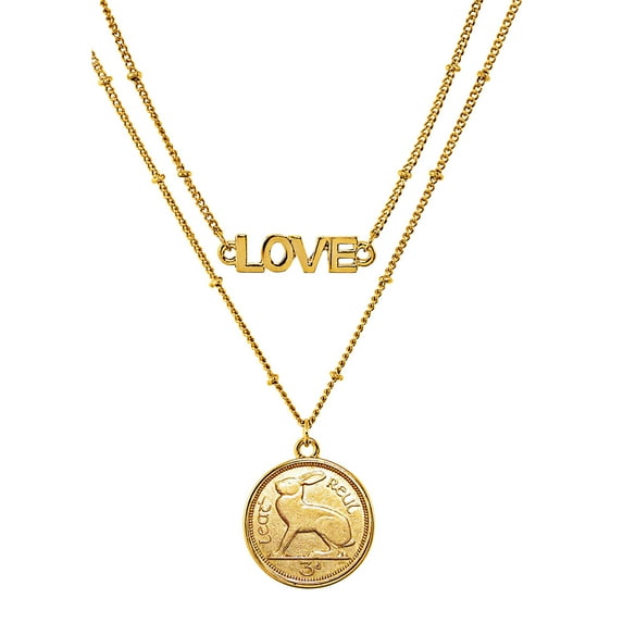 Gold Layered 3 Pence Coin Goldtone Double Strand Love Necklace