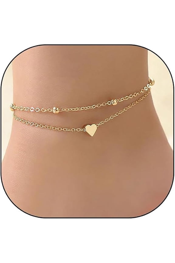 Gold Layered Ankle Bracelet Set with Boho Stacked Oval Satellite Beads and Heart Anklet Fashion Beach Surfer Jewelry Accessories for Women Gift