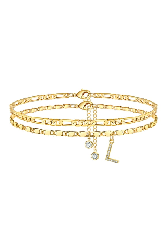 Custom Initial Foot Bracelets for Women 14K Gold Plated CZ Letter Charm Adjustable Layered Chain Ankle Bracelet Personalized Jewelry Birthday Gifts for Women Girls
