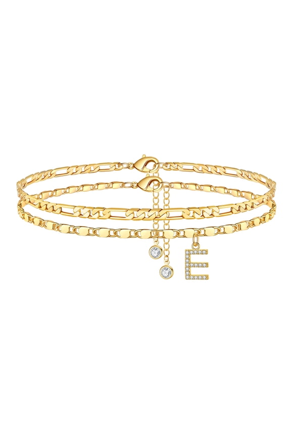 Summer Beach Anklets for Women 14K Gold Plated Initial Charm Adjustable Layered Chain CZ Letter Ankle Bracelet Jewelry Birthday Gifts for Women