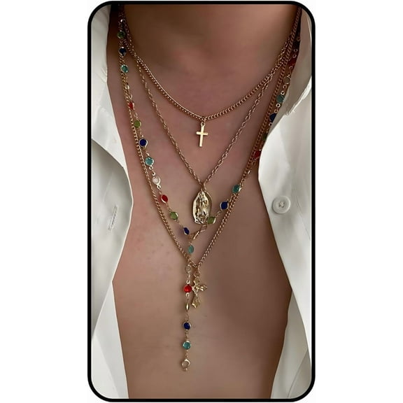 Gold Layered Cross Necklaces For Women, 4Pcs Stack Choker Vintage Pendant Cross Rhinestone Stacking Virgin Mary Necklace Dainty Waterproof Non Tarnish Summer Beachy Jewelry Gifts
