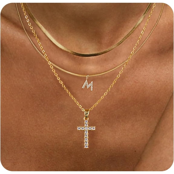 Gold Layered Initial Cross Necklace, 14K Gold Plated Diamond Initial Cross Pendant Necklace From A-Z Adjustable Layering Choker Necklaces For Women Jewelry Gifts[o7479]