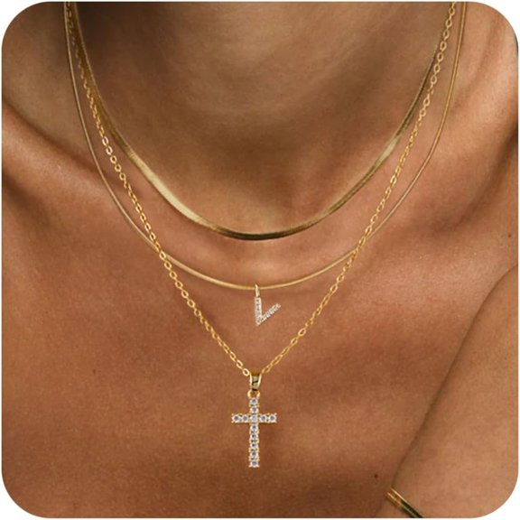 Gold Layered Initial Cross Necklace, 14K Gold Plated Diamond Initial Cross Pendant Necklace From A-Z Adjustable Layering Choker Necklaces For Women Jewelry Gifts[o7499]