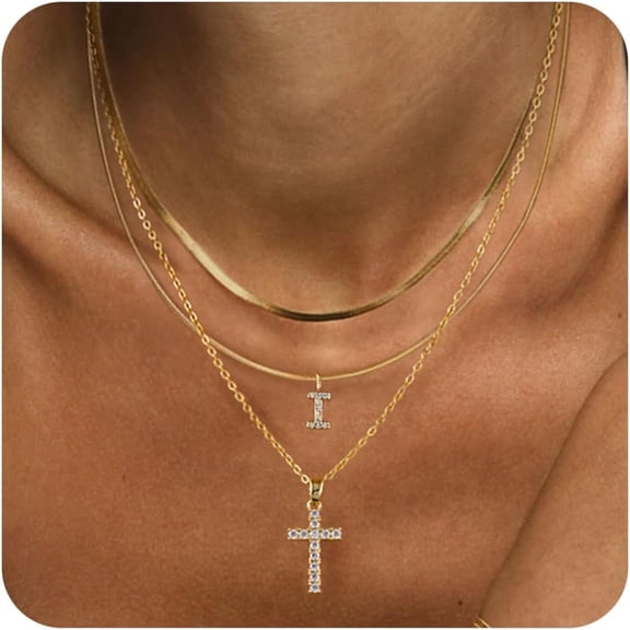 Gold Layered Initial Cross Necklace, 14K Gold Plated Diamond Initial Cross Pendant Necklace From A-Z Adjustable Layering Choker Necklaces For Women Jewelry Gifts[o7500]