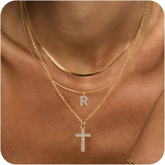 Gold Layered Initial Cross Necklace, 14K Gold Plated Diamond Initial Cross Pendant Necklace From A-Z Adjustable Layering Choker Necklaces For Women Jewelry Gifts[o7482]