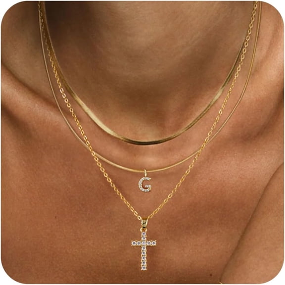 Gold Layered Initial Cross Necklace, 14K Gold Plated Diamond Initial Cross Pendant Necklace From A-Z Adjustable Layering Choker Necklaces For Women Jewelry Gifts[o7491]