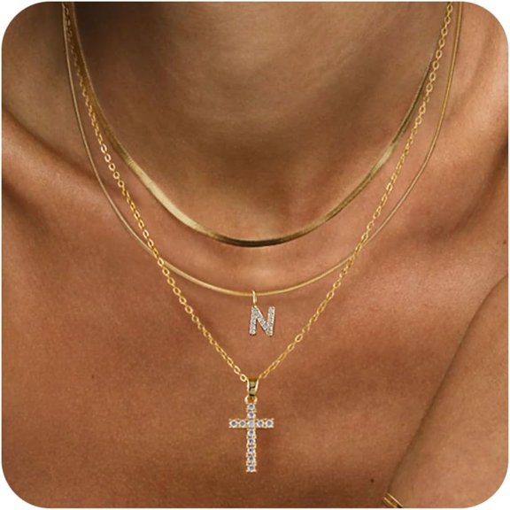 Gold Layered Initial Cross Necklace, 14K Gold Plated Diamond Initial Cross Pendant Necklace From A-Z Adjustable Layering Choker Necklaces For Women Jewelry Gifts[o7489]
