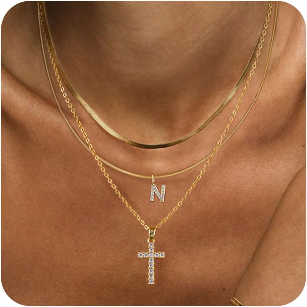 KELORIS PATH Gold Layered Initial Necklace With Cross - 14K Gold Plated Hexagon Letter & Satellite Choker Chain, A-Z Capital Letters For Women & Girls