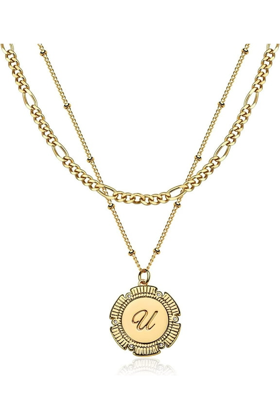 Gold Layered Initial Necklaces for Women, 14K Gold Plated Retro Circular Letter Dainty Figaro Chain Choker Personalized Jewelry Birthday Gift for Women