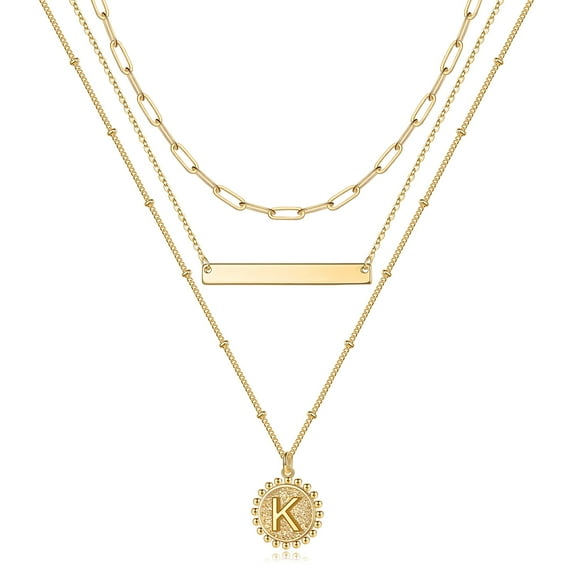 Gold Layered Initial Necklaces for Women 14K Gold Plated Dainty Coin Pendant Necklace Paperclip Chain Choker Necklaces Gold Initial Necklaces for Women