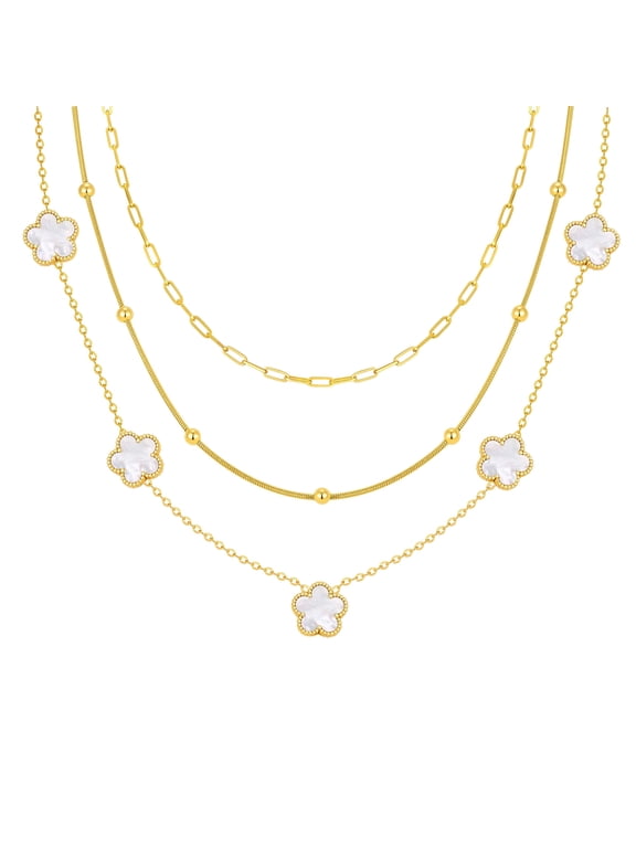 Gold Layered Necklace for Women - 3Pcs 18K Gold Plated Floral Necklaces, Stainless Steel Stackable Cuban Link Chain Non Tarnish Trendy Jewelry, Herringbone Chokers Christmas Birthday Gifts for Her